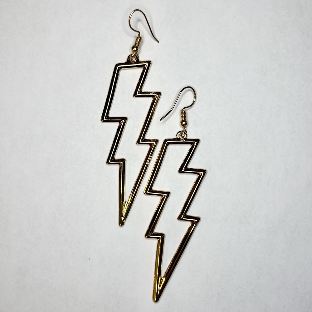 Gold Lightning Bolt Dangle Punk Rock Hook Earrings, One Pair